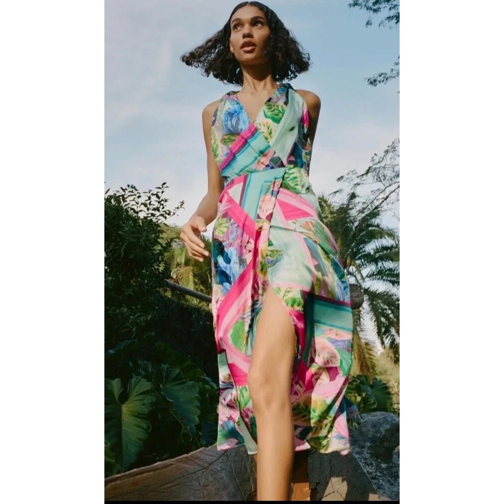 Zara Tropical Print Maxi Dress Small Multicolor Excellent V-Neck Slit Backless